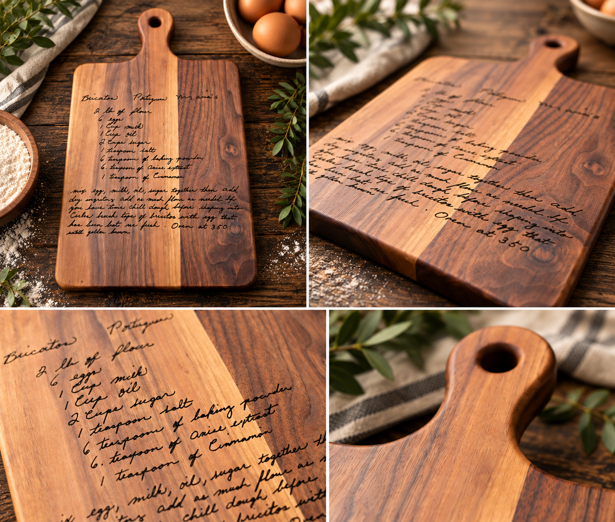 Collage showing personalized handwritten recipe cutting board details