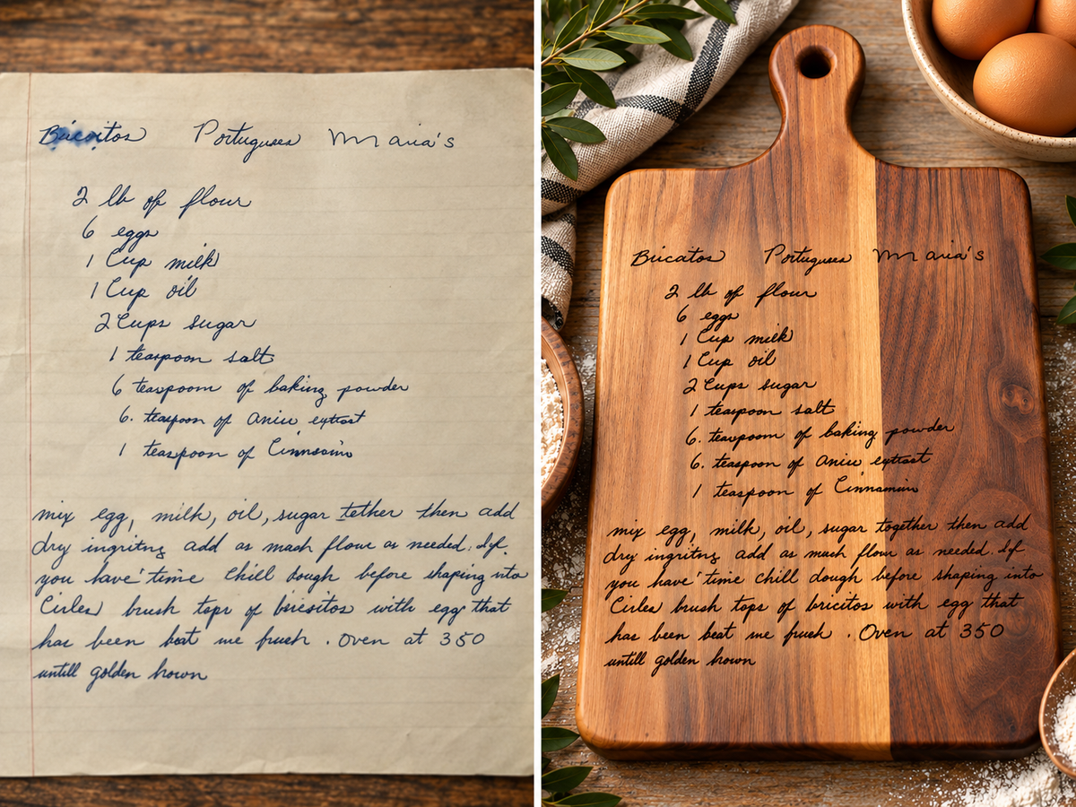 Original handwritten family recipe beside finished engraved recipe cutting board