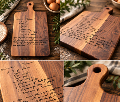 Collage showing personalized handwritten recipe cutting board details