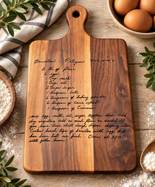 Personalized handwritten recipe cutting board engraved on walnut wood
