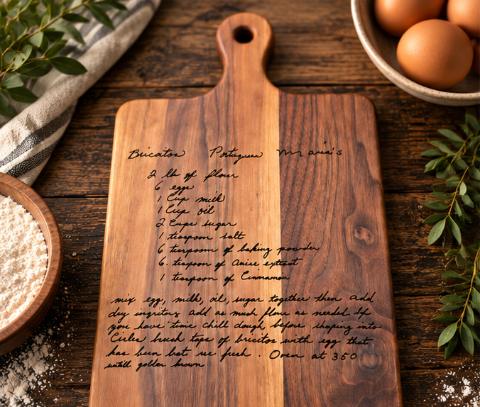 Close-up of original handwriting laser engraved into hardwood cutting board