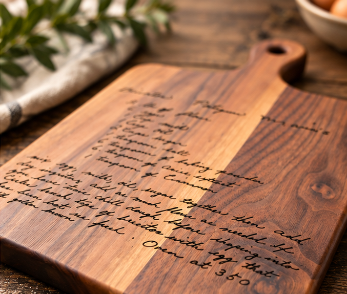 Angled view of personalized handwritten recipe cutting board