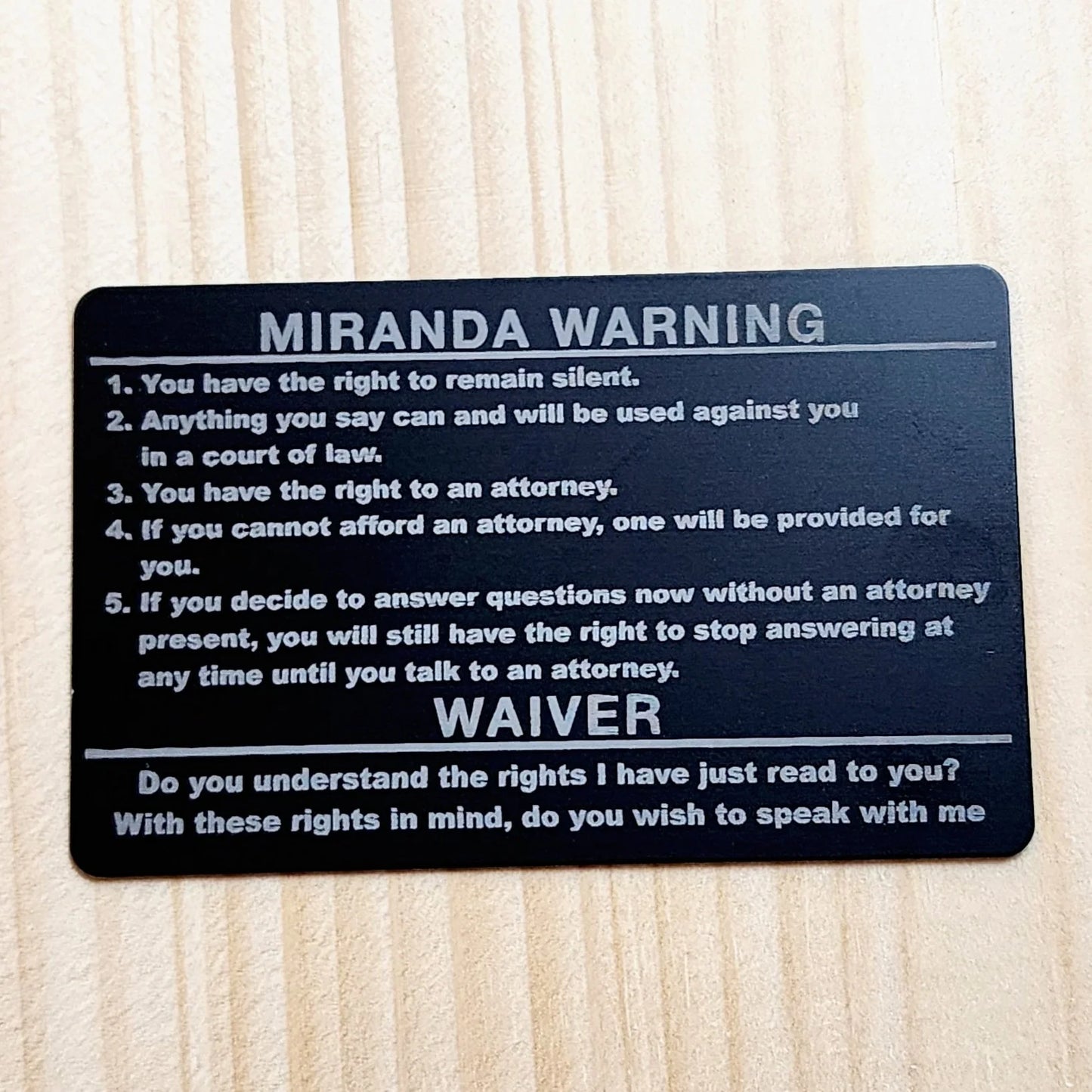 Metal Miranda Warning Card